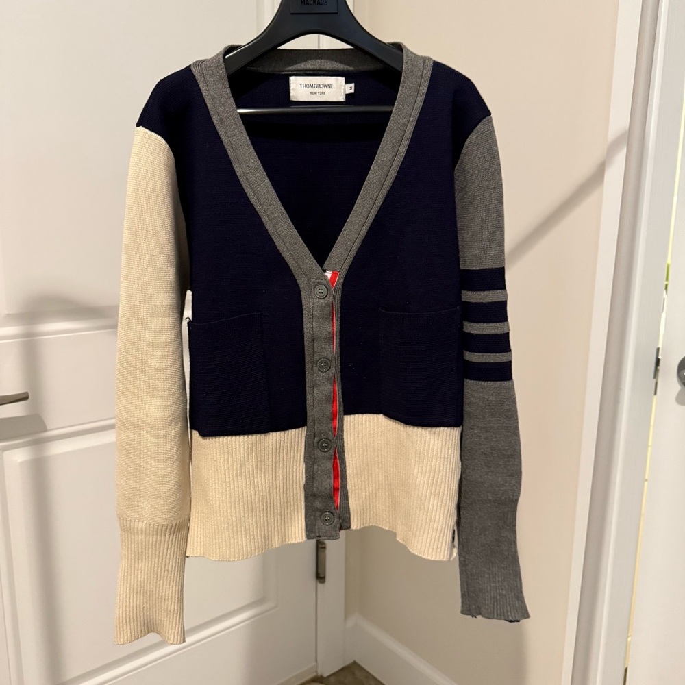 Stylish Colorblock Cardigan Sweater - Navy, Gray, Cream size M